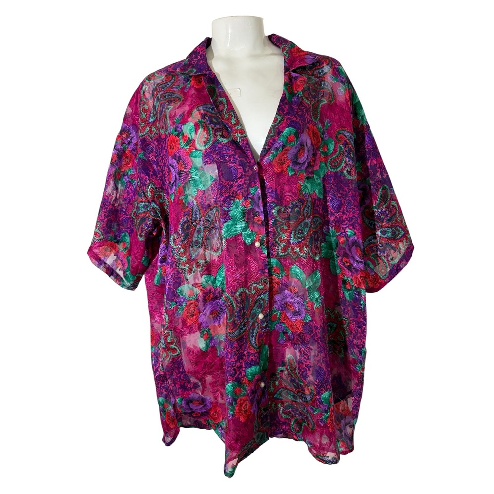 Vintage 90s Victoria's Secret Sheer Paisley Pajama Top Blouse Pink Purple M/L